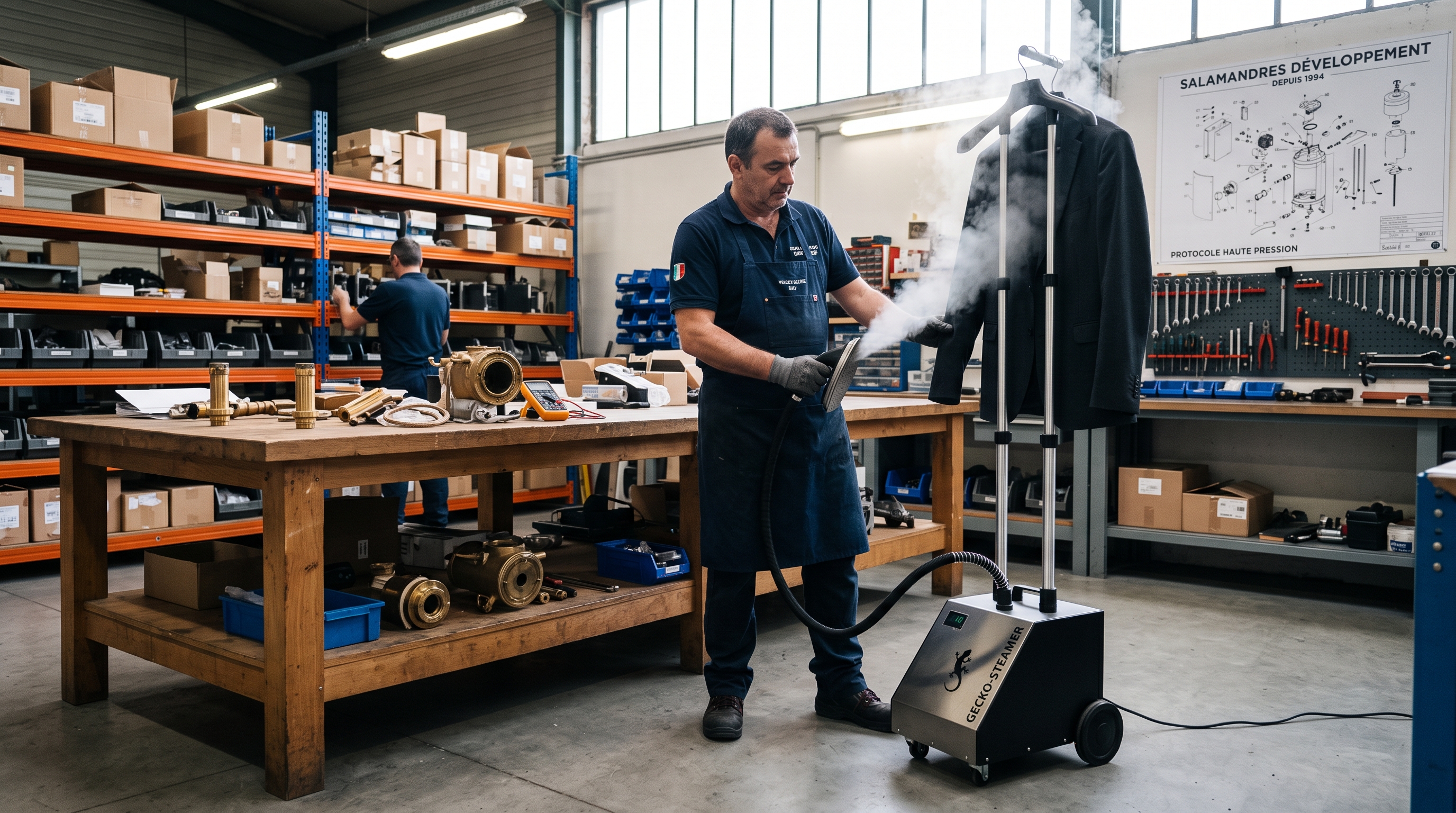 Technische test van een Gecko-Steamer hogedruk-kledingstomer in de werkplaats van Salamandres Développement