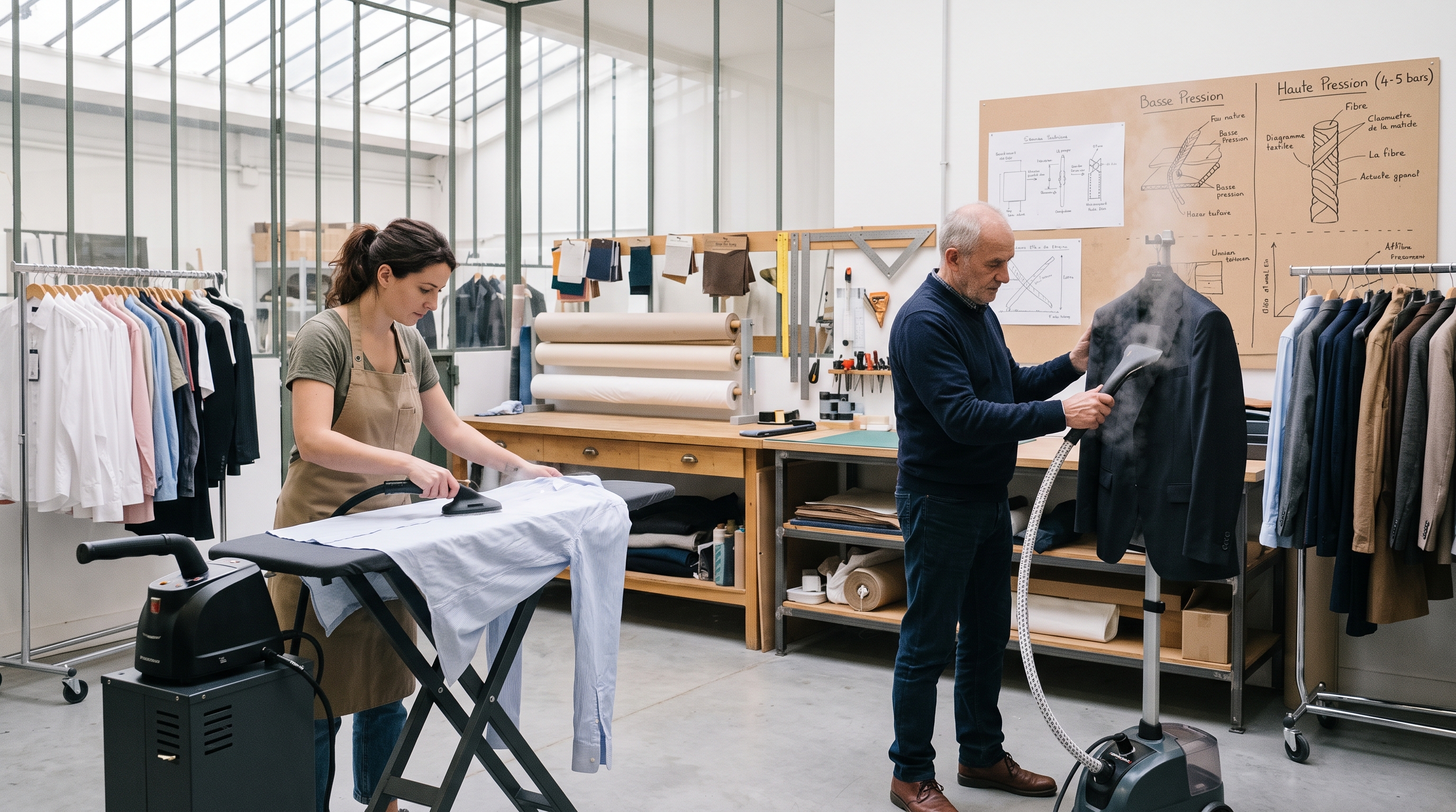 In de technische werkplaats van Salamandres Développement (Gecko-Steamer) testen en vergelijken een vrouw en een man een hybride hogedruk-kledingstomer op een tafel en een professionele verticale kledingstomer op een hanger voor textielschema's