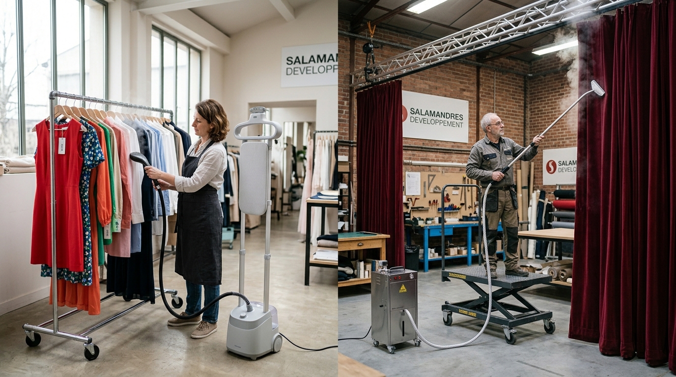 Professionele vergelijking tussen een lagedruk-kledingstomer voor kledingretail en een hogedruk-stoomgenerator voor gordijnen en meubeltextiel