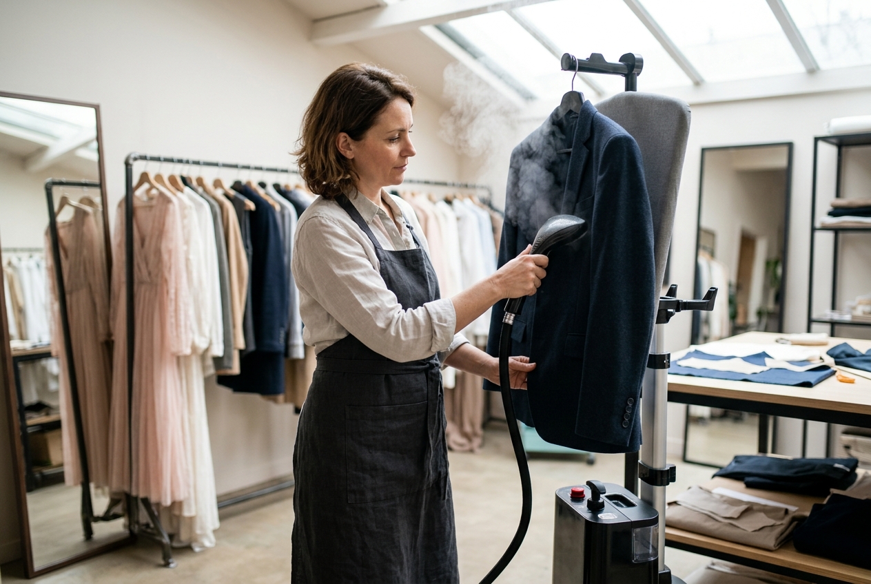 Défroissage vertical à la vapeur d'une veste de costume sur cintre dans un atelier de prêt-à-porter