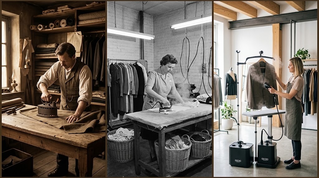 The evolution of in-store garment care: from early 20th-century charcoal irons to the era of industrial steam, and finally to the modern Gecko-Steamer vertical steaming system that eliminates the risk of shine.
