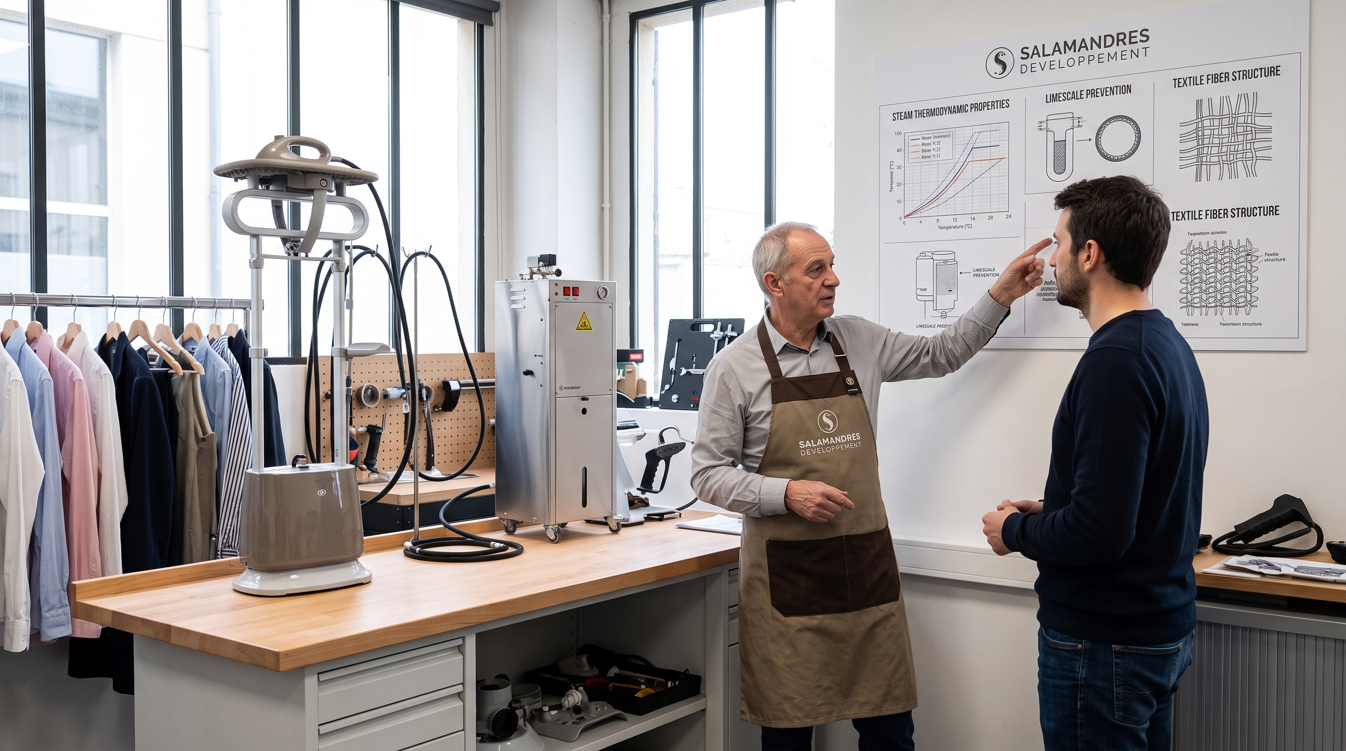 Demostración técnica y explicaciones en taller por un experto Gecko-Steamer sobre las diferencias entre planchas verticales de alta y baja presión