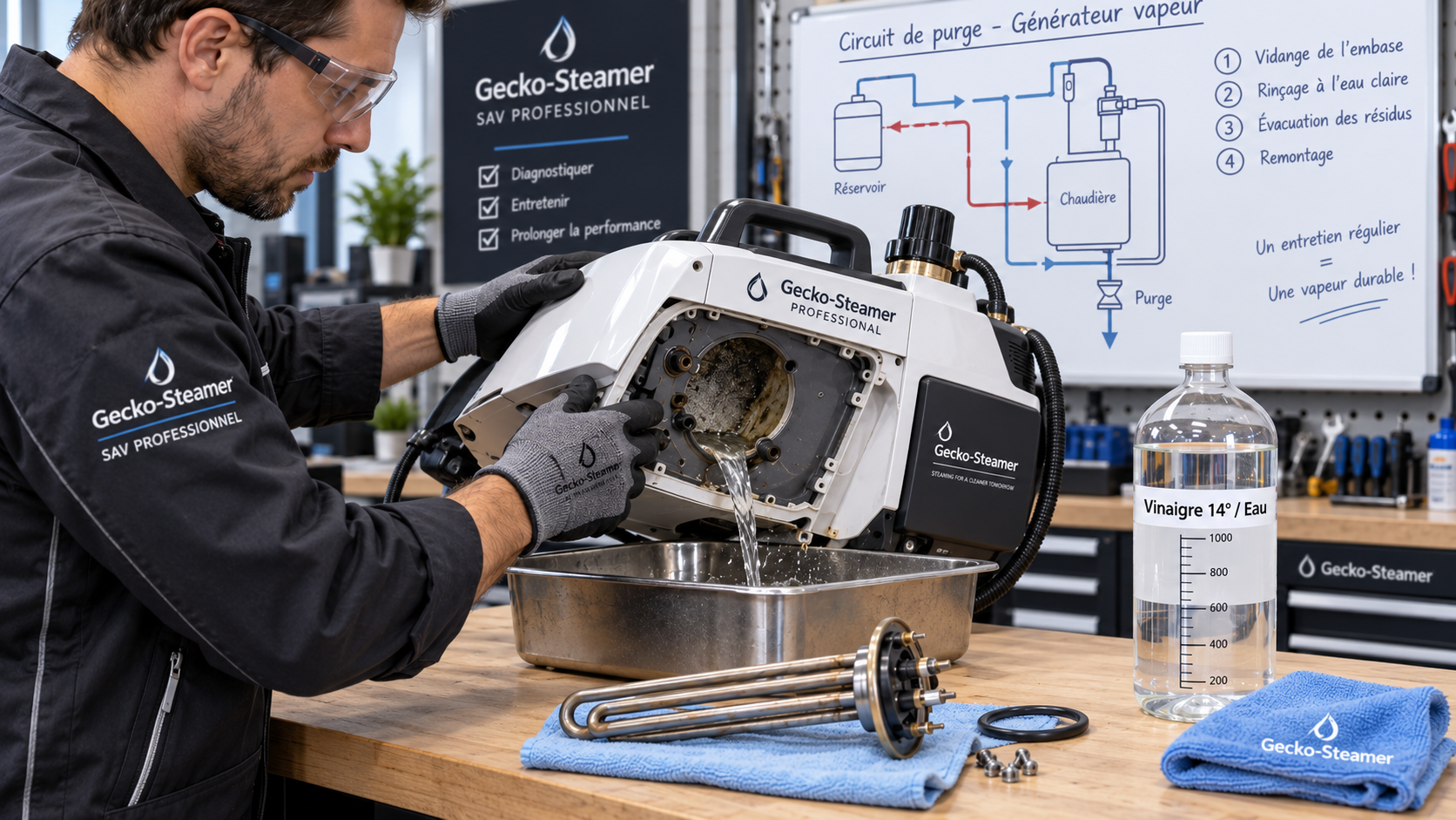 Technicus van de erkende Gecko-Steamer servicedienst die de boiler op een werkbank leegt en preventief ontkalkt