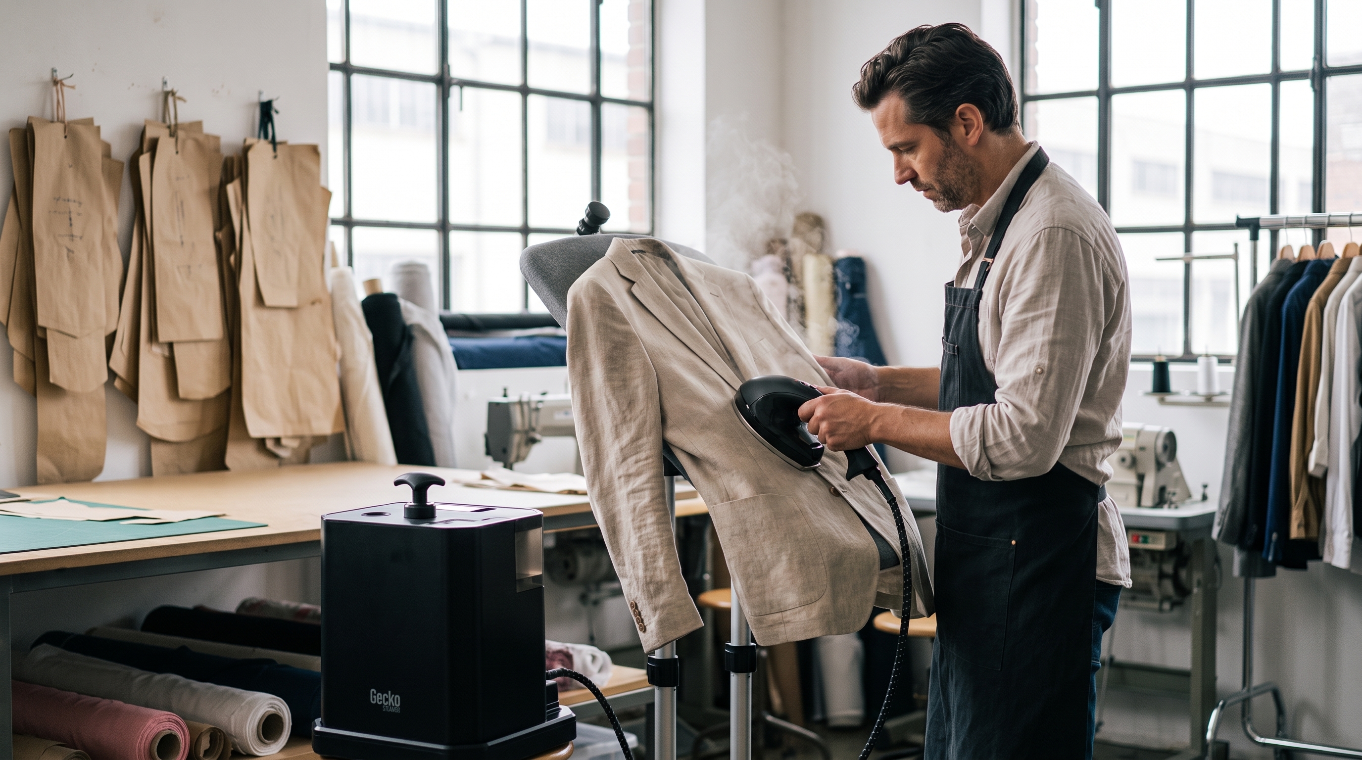 Artisan utilisant la station haute pression hybride Gecko-Steamer MP900 sur une veste de costume dans un atelier de couture