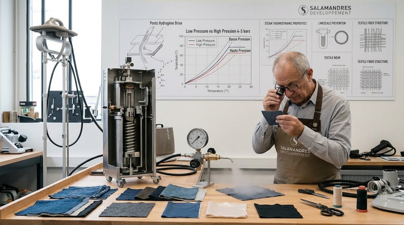 Technisch schema en testopstelling in de werkplaats die de thermodynamische werking van stoom op de waterstofbruggen van textielvezels bij Gecko-Steamer uitleggen